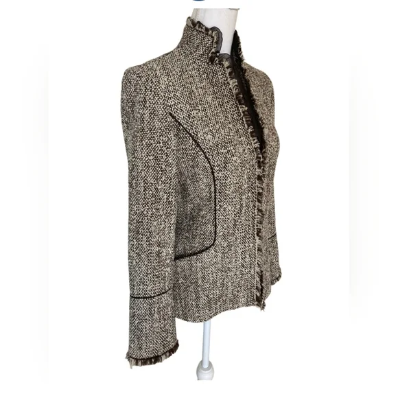 Lafayette 148 Tweed Fringe Jacket US 6 Brown Tan Academic Classic Chic Blazer - Picture 3 of 13